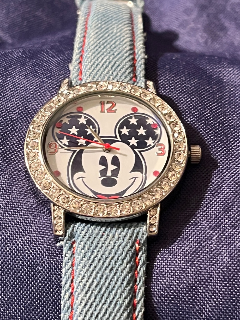 Disney Mickey Mouse women’s Watch with Denim Strap and Red Accents
